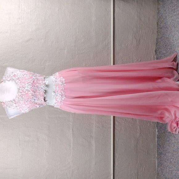 Rachel Allan Pink Crystal Embellished Two Piece Cropped Halter Maxi Skirt Set - Picture 16 of 16